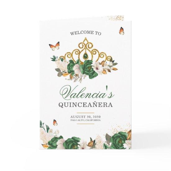 Green Roses Gold Tiara Butterfly Quinceanera Program
