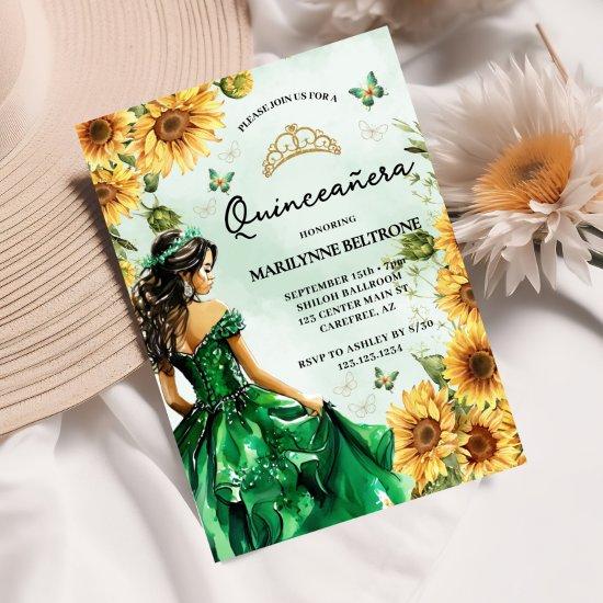 Green Sunflower Butterfly Princess Quinceañera