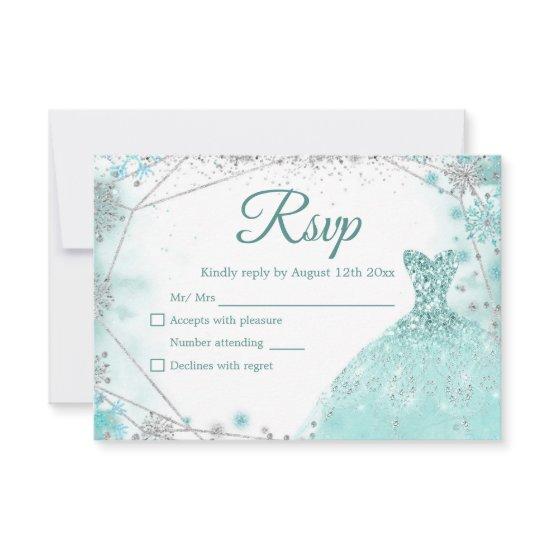 Green Teal Silver Christmas Princess Quinceañera RSVP Card