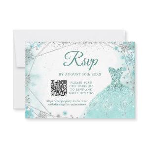 Green Teal Silver Winter Quinceañera Snowflake QR RSVP Card