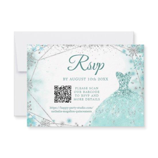 Green Teal Silver Winter Quinceañera Snowflake QR RSVP Card
