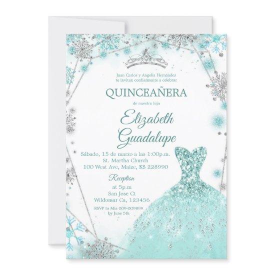 Green Teal Silver Winter Snowflake Quinceanera