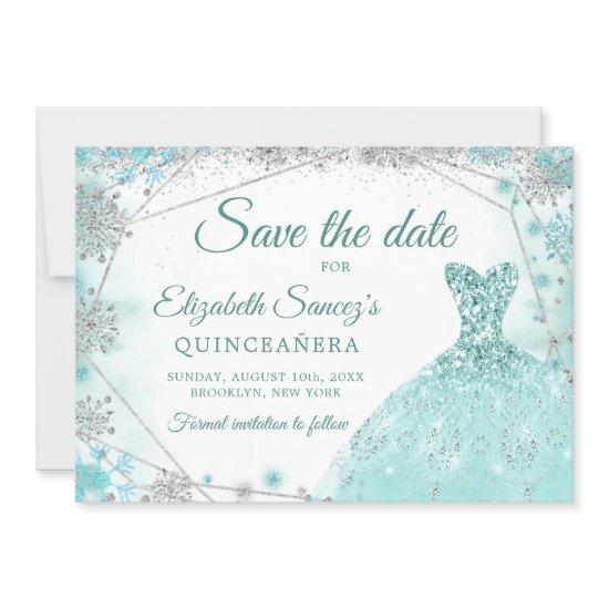 Green Teal Snowflake Mis Quince Save The Date