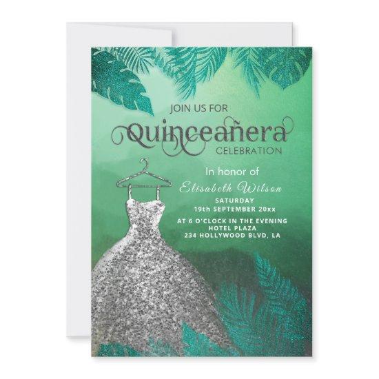 Green tropical summer silver dress Quinceañera