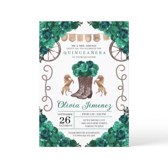 Green Western Charra Floral Boots Quinceañera