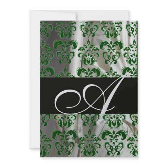 GREEN WHITE BLACK SILK DAMASK MONOGRAM SILVER