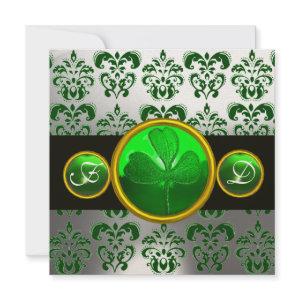 GREEN WHITE  DAMASK ,SHAMROCK MONOGRAM,Black