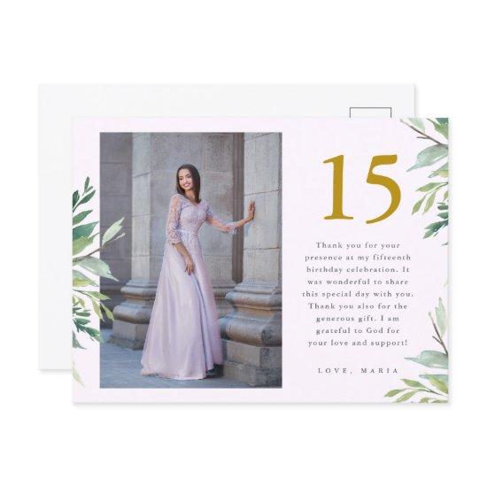 Greenery Two Photo Quinceanera Blush Thank You Postcard