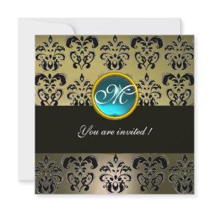 GREY BLACK  DAMASK MONOGRAM, BLUE AQUAMARINE
