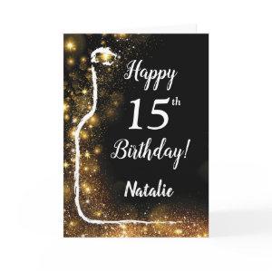 Happy 15th Birthday Black and Gold Glitter Wine Card