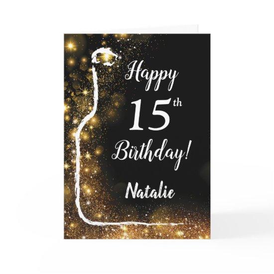 Happy 15th Birthday Black and Gold Glitter Wine Card