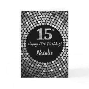 Happy 15th Birthday Black and Silver Glitter Card