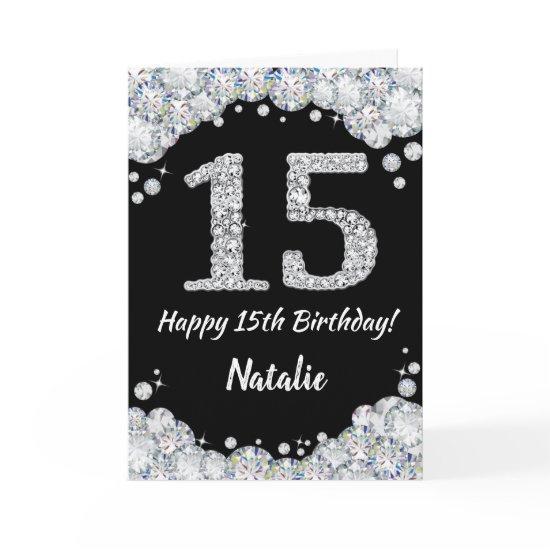Happy 15th Birthday Black and Silver Glitter Card