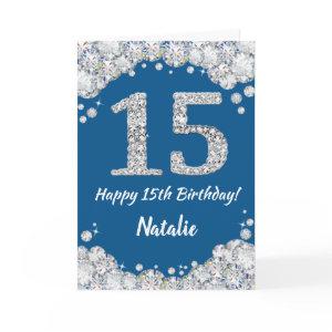 Happy 15th Birthday Blue and Silver Glitter Card
