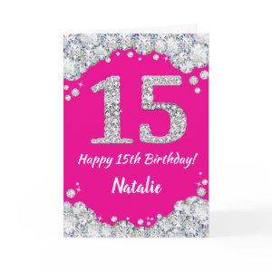 Happy 15th Birthday Hot Pink and Silver Glitter Card
