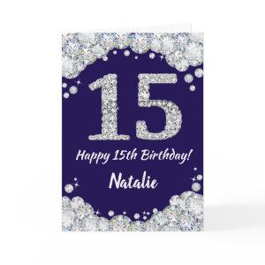 Happy 15th Birthday Navy Blue and Silver Glitter Card