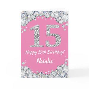 Happy 15th Birthday Pink and Silver Glitter Card
