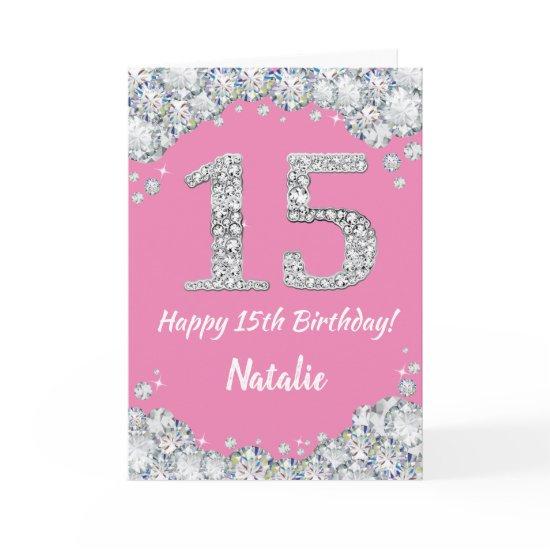 Happy 15th Birthday Pink and Silver Glitter Card