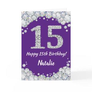 Happy 15th Birthday Purple and Silver Glitter Card