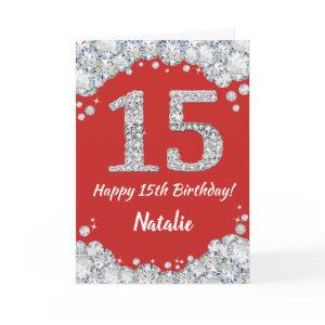Happy 15th Birthday Red and Silver Glitter Card