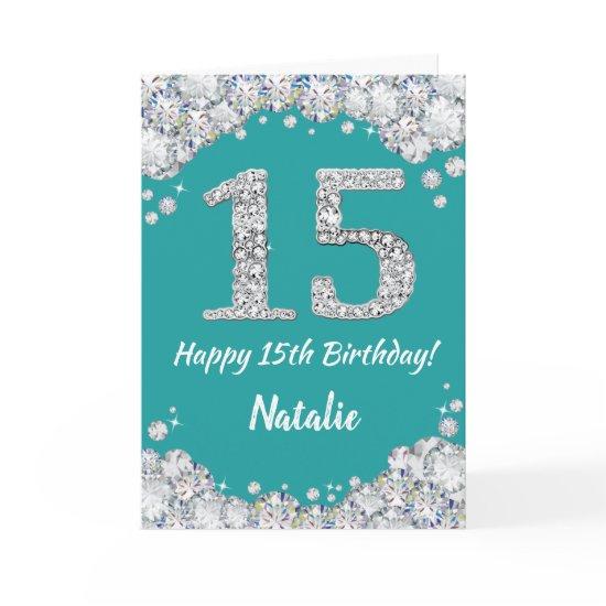 Happy 15th Birthday Teal and Silver Glitter Card