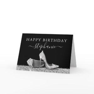 High Heel Shoes Black Silver Happy Birthday Card