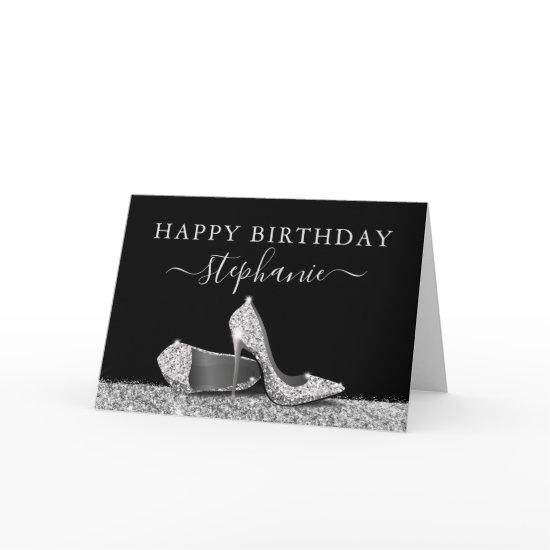 High Heel Shoes Black Silver Happy Birthday Card