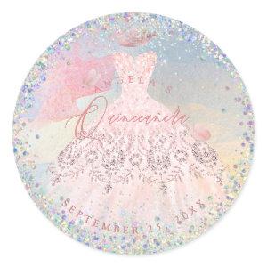 Holographic Confetti Quinceanera Blush Gown Classic Round Sticker