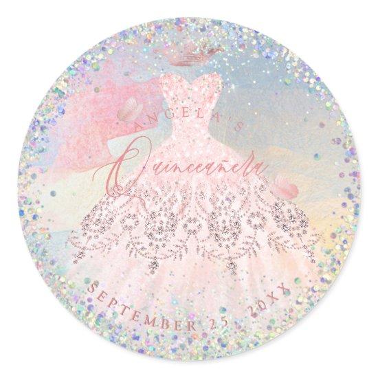Holographic Confetti Quinceanera Blush Gown Classic Round Sticker
