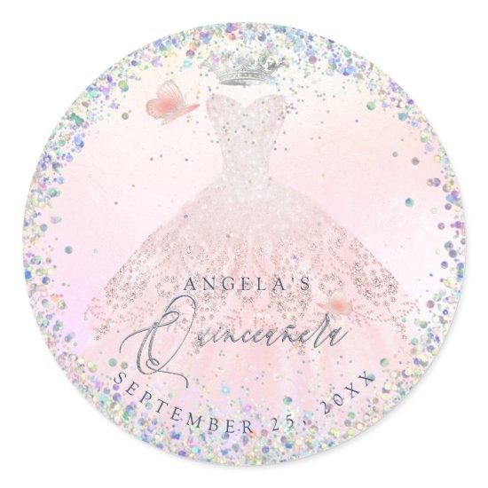 Holographic Confetti Quinceanera Blush Pink Gown  Classic Round Sticker