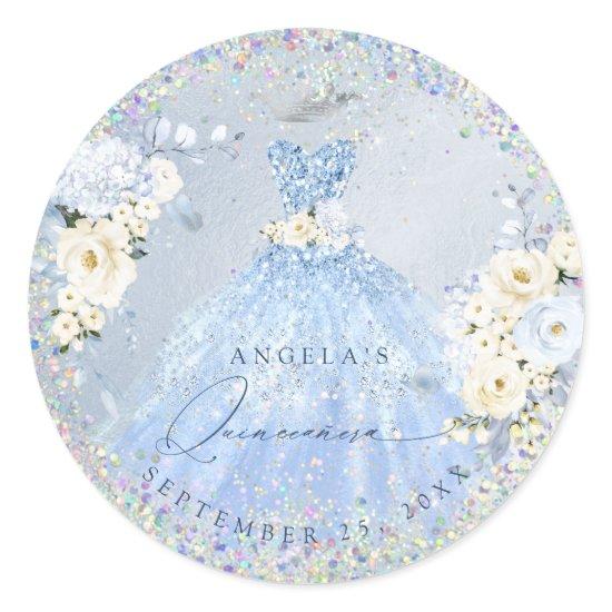 Holographic Confetti Quinceanera Dusty Blue Gown C Classic Round Sticker