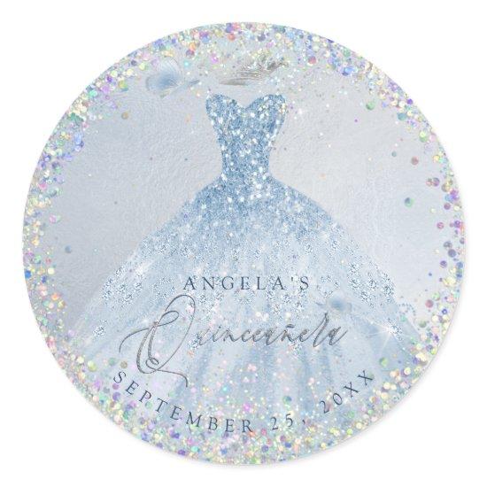Holographic Confetti Quinceanera Dusty Blue Gown Classic Round Sticker