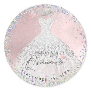 Holographic Confetti Quinceanera Gown Glitter Classic Round Sticker