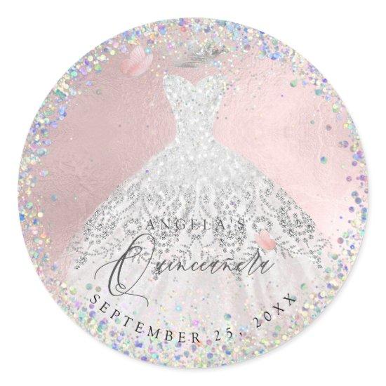 Holographic Confetti Quinceanera Gown Glitter Classic Round Sticker