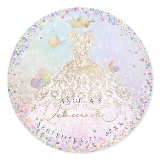 Holographic Confetti Quinceanera White Gold Gown C Classic Round Sticker