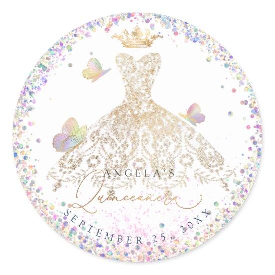 Holographic Confetti Quinceanera White Gold Gown Classic Round Sticker