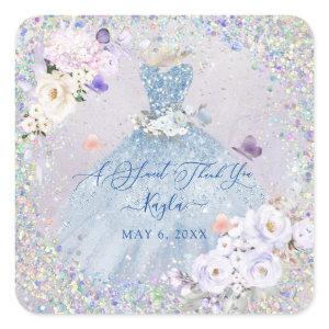 Holographic Confetti Sweet 16 Dusty Blue Gown Square Sticker