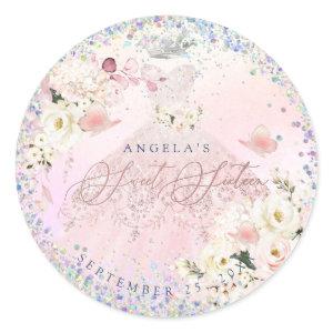 Holographic Confetti Sweet Sixteen Blush Pink Gown Classic Round Sticker