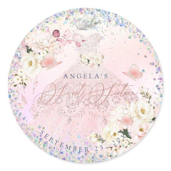 Holographic Confetti Sweet Sixteen Blush Pink Gown Classic Round Sticker