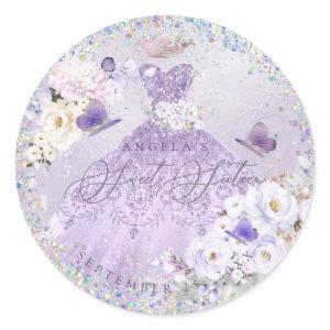 Holographic Confetti Sweet Sixteen Purple Gown Classic Round Sticker