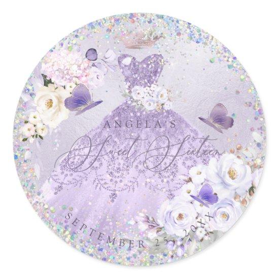 Holographic Confetti Sweet Sixteen Purple Gown Classic Round Sticker