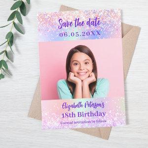 Holographic pink purple photo Quinceanera Save The Date