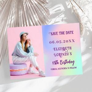 Holographic pink purple photo script birthday save the date