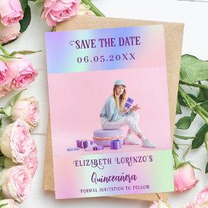 Holographic pink purple photo script Quinceanera Save The Date