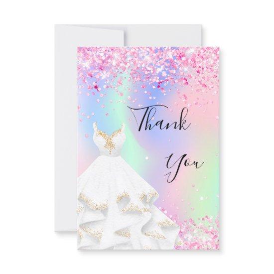 Holographic pink white dress thank you card