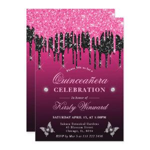 Hot Pink and Black Dripping Glitter Quinceanera