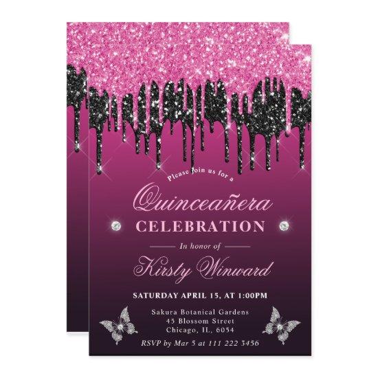 Hot Pink and Black Dripping Glitter Quinceanera