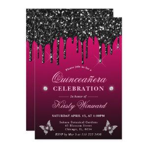 Hot Pink and Black Dripping Glitter Quinceanera