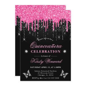Hot Pink and Black Dripping Glitter Quinceanera