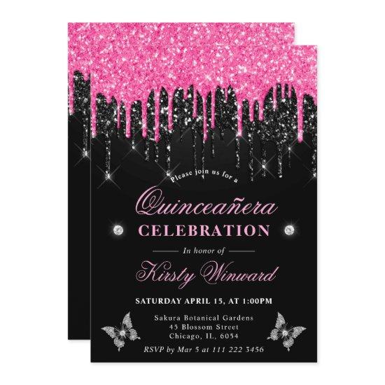 Hot Pink and Black Dripping Glitter Quinceanera